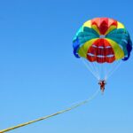 What is parasailing: person soaring under a vibrant colorful parasail against a clear blue sky.