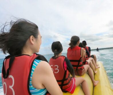 A group of friends tried riding a banana boat for the first time.