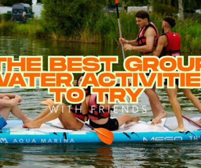 A group of friends is trying out water sports activities.