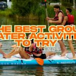 A group of friends is trying out water sports activities.