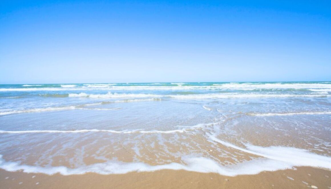 Waves rolling on the shore showcasing the clear South Padre Island water and blue horizon.