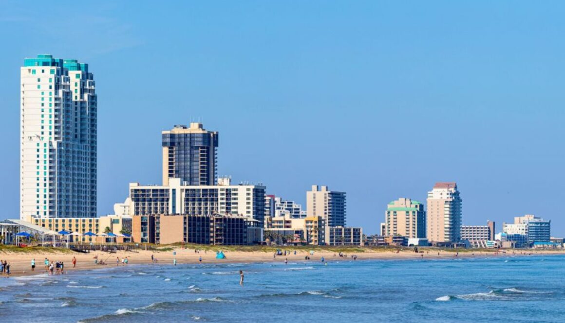 A view of hotels on South Padre Island near the beach.