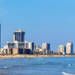 A view of hotels on South Padre Island near the beach.