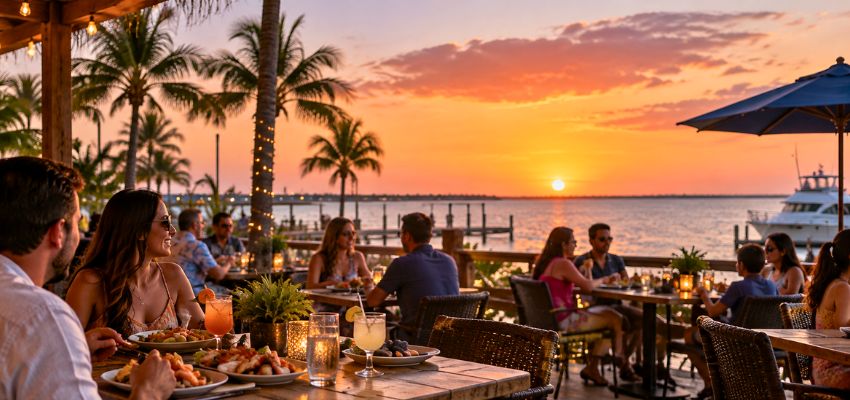 Waterfront dining at sunset, a popular way to celebrate south padre island new years eve.