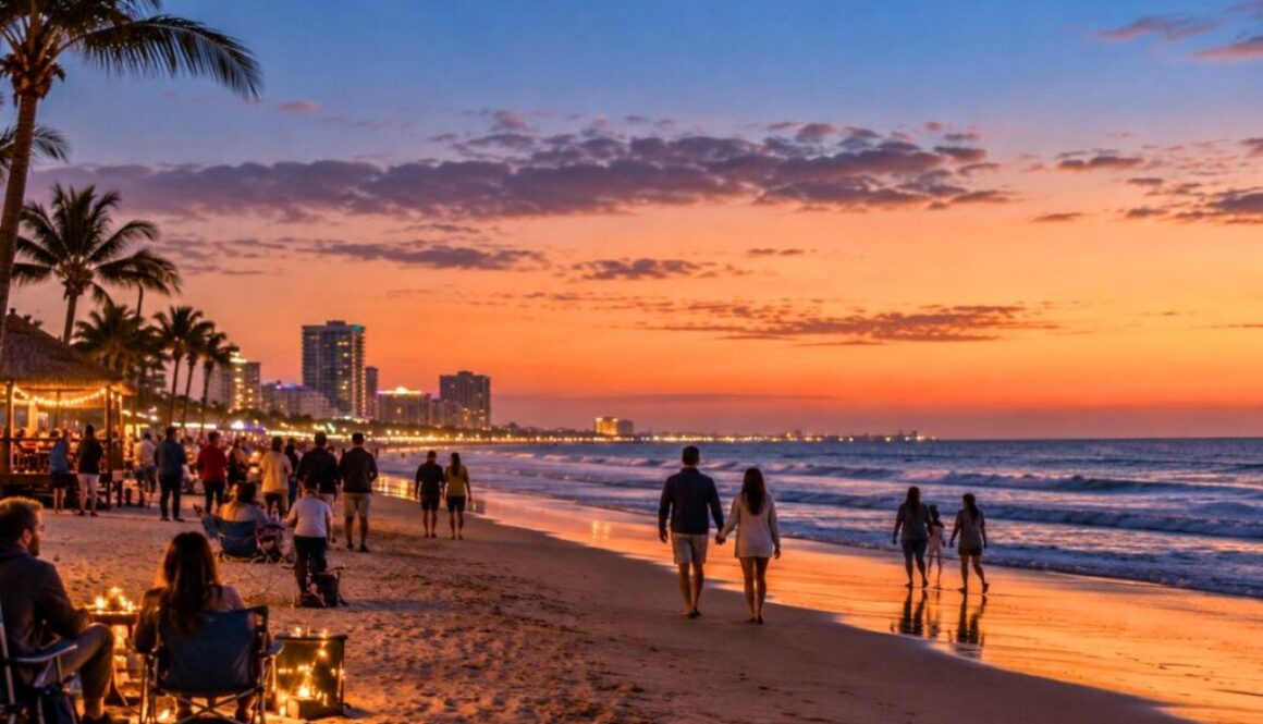 Couples and families enjoying the beach at dusk during south padre island new years eve festivities.