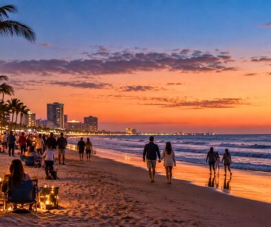 Couples and families enjoying the beach at dusk during south padre island new years eve festivities.