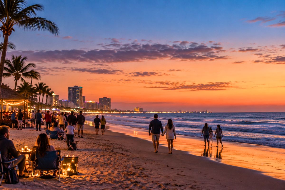 Couples and families enjoying the beach at dusk during south padre island new years eve festivities.