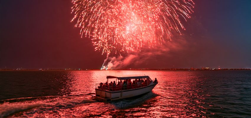Boat cruise under spectacular fireworks lighting up south padre island new years eve.