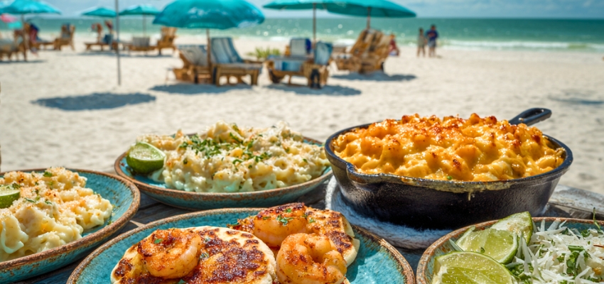 Delicious seafood dishes and mac & cheese served beachside with ocean views, highlighting some of the best places to eat in South Padre Island.