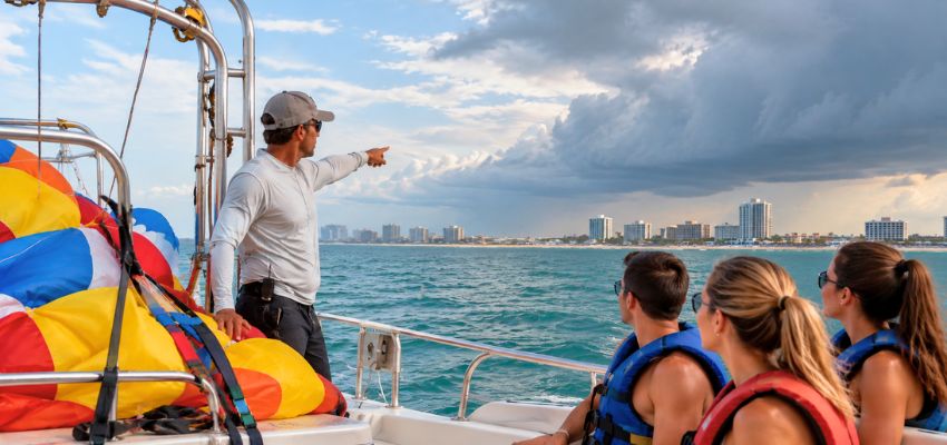 Guide briefing passengers before a flight, addressing common concerns about is parasailing dangerous.