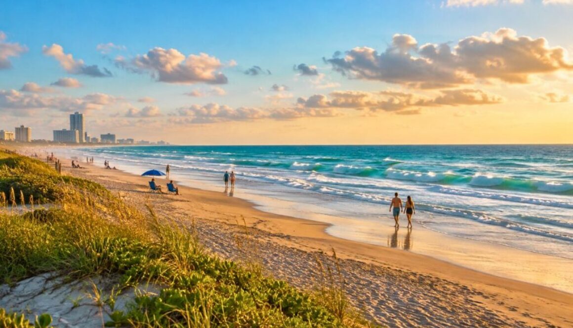 Golden-hour beach walk ideal for quick weekend getaways by the ocean.