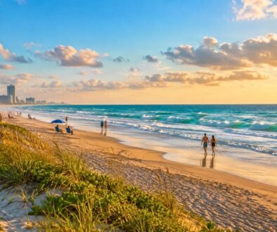 Golden-hour beach walk ideal for quick weekend getaways by the ocean.