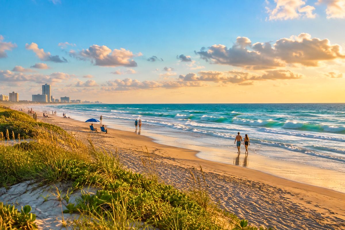 Golden-hour beach walk ideal for quick weekend getaways by the ocean.