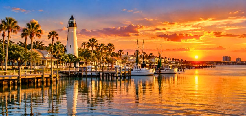 Stunning sunset over the lighthouse and harbor, a top highlight among things to do in Port Isabel.