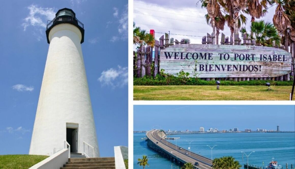Port Isabel Lighthouse, welcome sign, and causeway bridge showcasing popular things to do in Port Isabel.