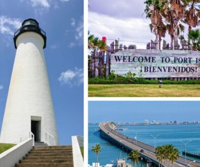 Port Isabel Lighthouse, welcome sign, and causeway bridge showcasing popular things to do in Port Isabel.