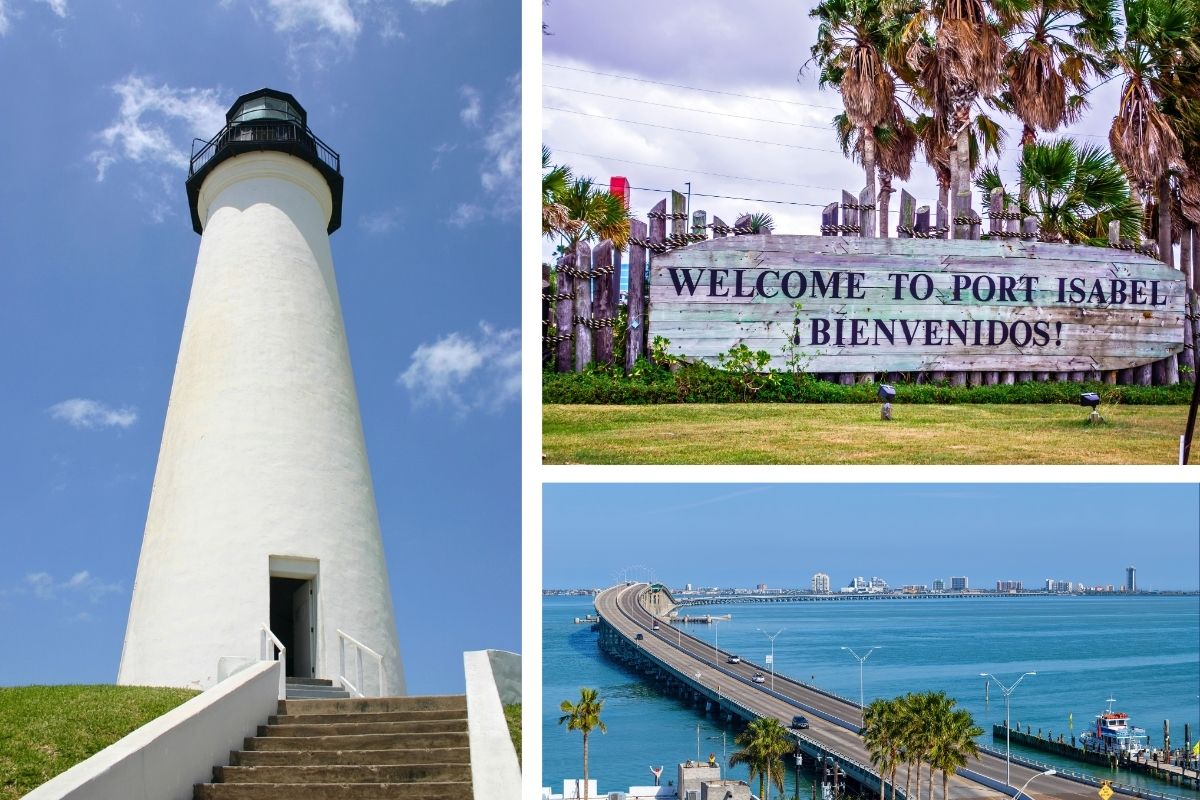 Port Isabel Lighthouse, welcome sign, and causeway bridge showcasing popular things to do in Port Isabel.