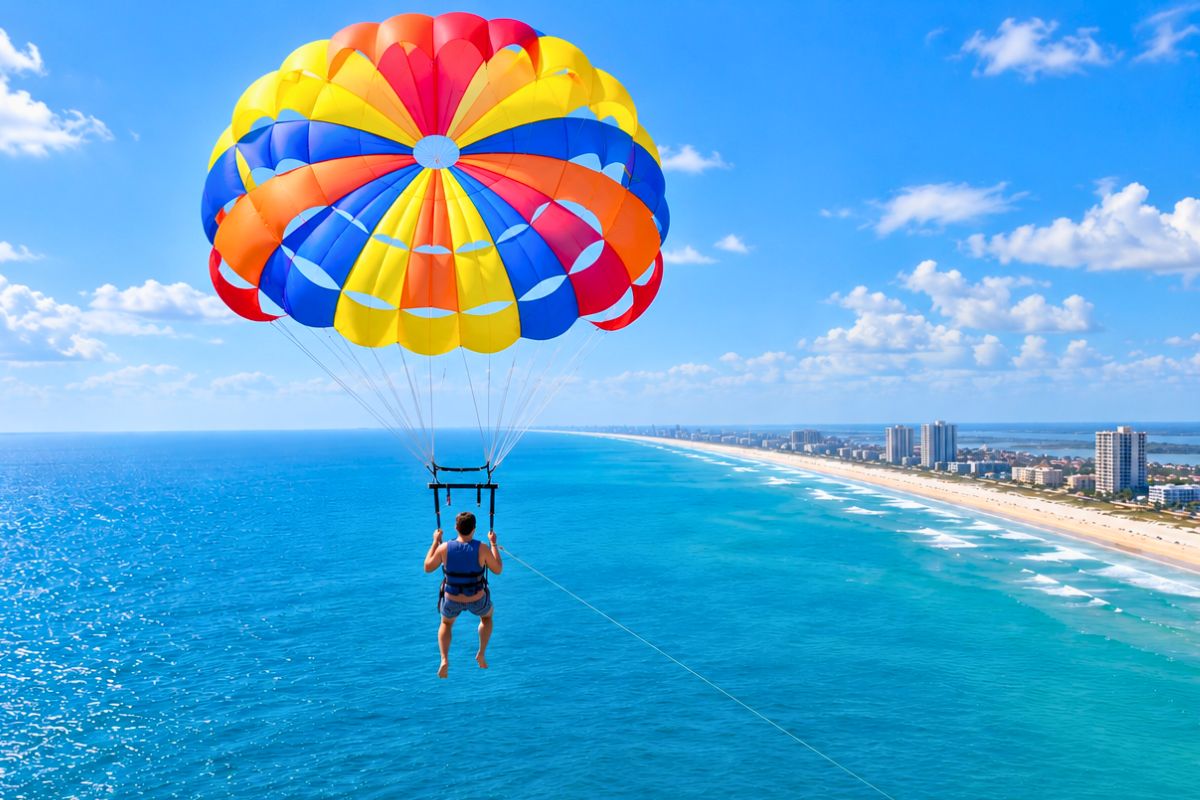 Parasailer soaring high above the ocean, showing how high is parasailing in practice.